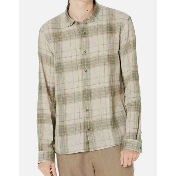 John Varvatos Mens Large Plaid 100% Linen Long Sleeve Button Down Shirt W733Y2